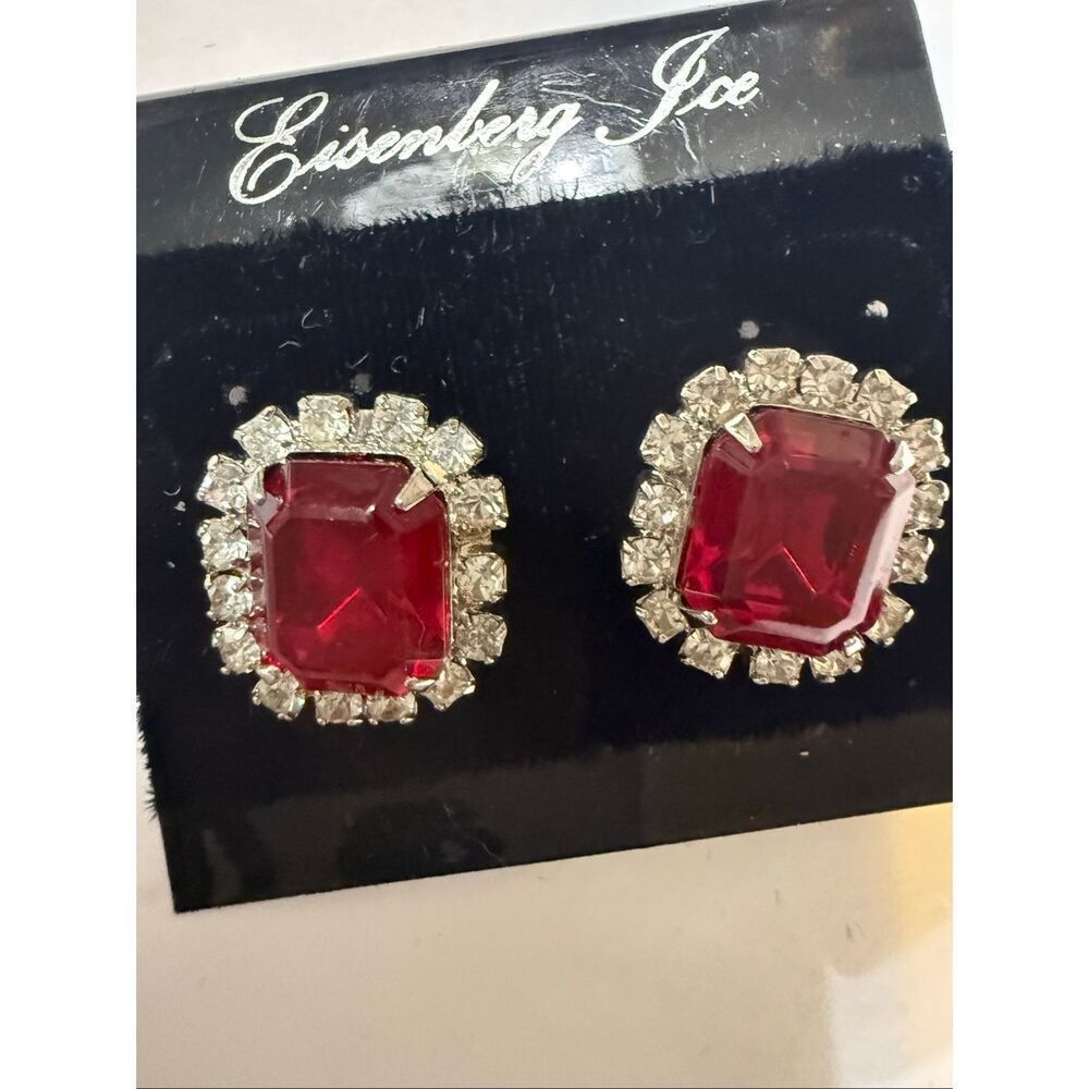 Eisenberg Ice Silvertone Rectangular Ruby Red White Stone Stud Earrings NWT
